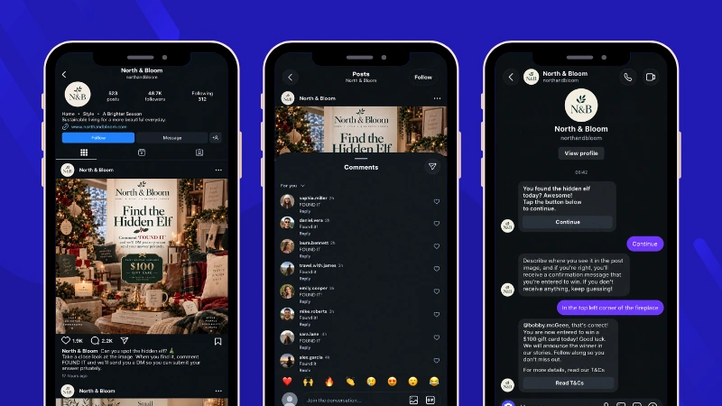 Example of an Instagram Giveaway combined with Instagram Message Automations for an Elf on the Shelf campaign where the brand audience is asked to find the hidden elf and DM to participate.