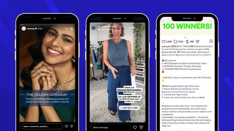 Instagram Stories and feed posts promoting a giveaway, encouraging users to comment or reply in order to receive a Direct Message and participate in the campaign.