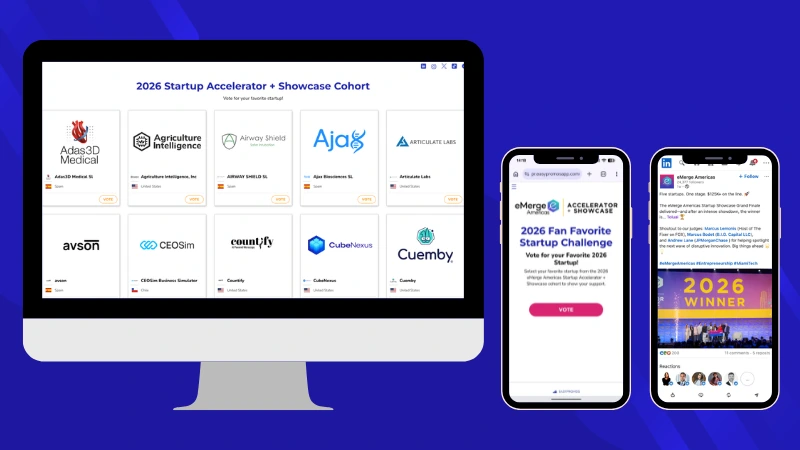 Microsite-based startup voting contest promoted by eMerge Americas with public voting and participant submissions, promoted on LinkedIn and Instagram 