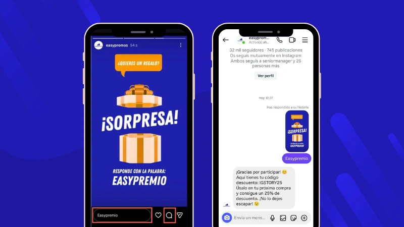 Ejemplo de respuesta en Story a DM para acceso a descuentos o promociones