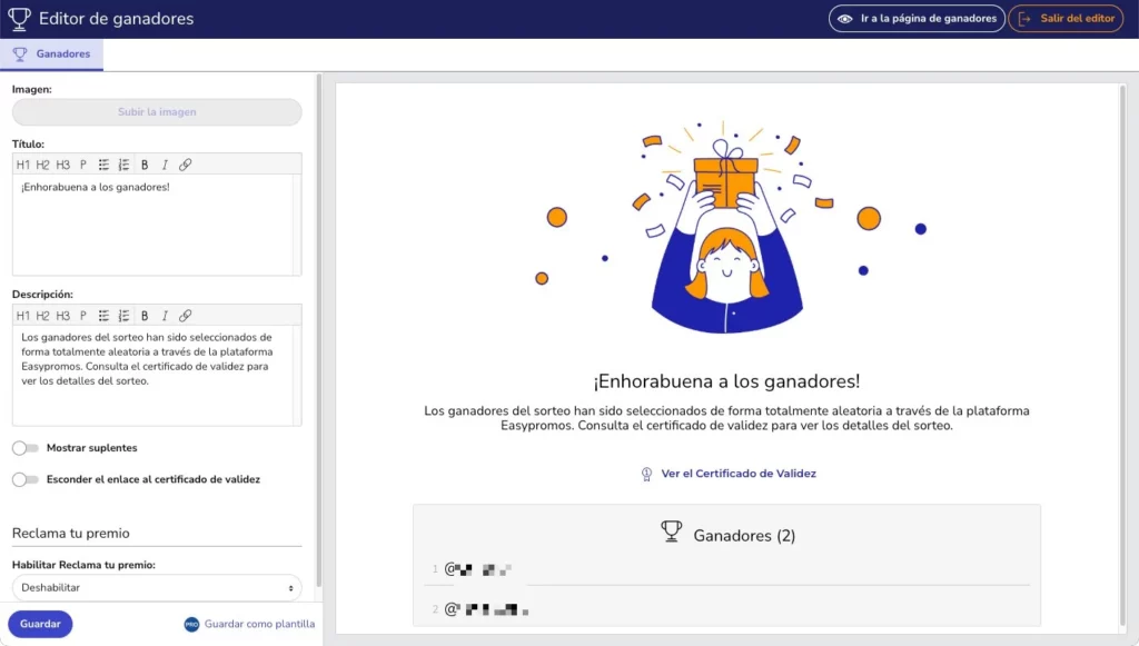 editor pagina ganadores sorteo