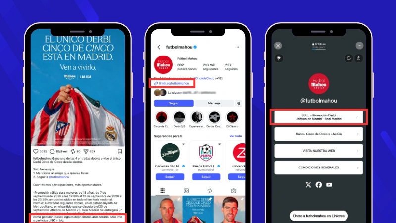Ejemplo de cómo añadir el enlace de las bases legales de un sorteo al perfil: Futbol Mahou