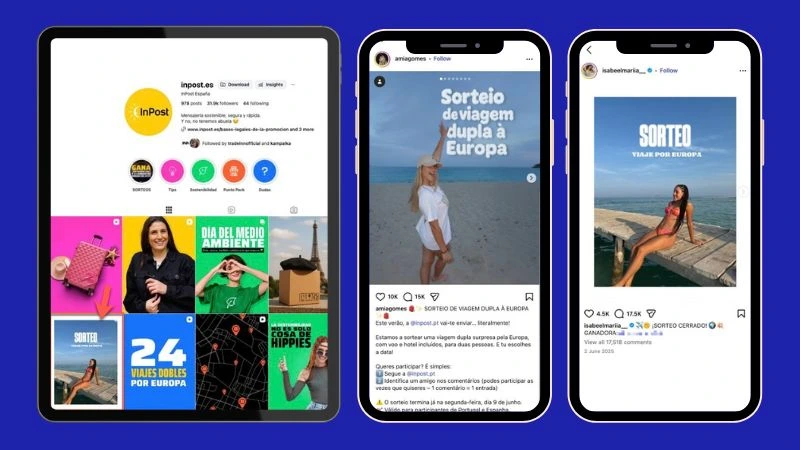 Sorteo de InPost en Instagram difundido mediante publicaciones de varios creadores de contenido.