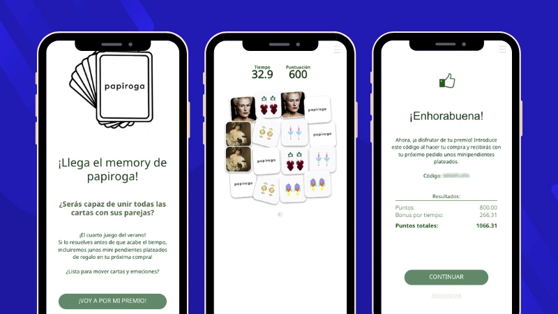 Ejemplo de juego de memoria online para lanzamientos de producto: Papiroga