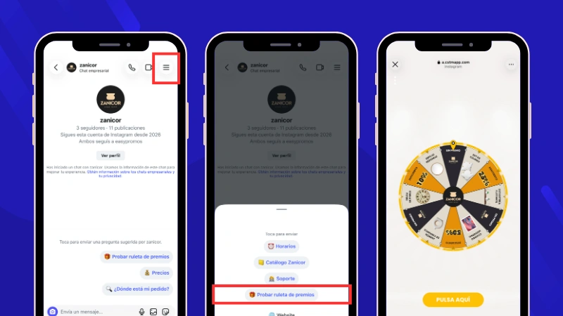 Ejemplo de cómo añadir un enlace de una promoción al menú persistente de los DM de Instagram.