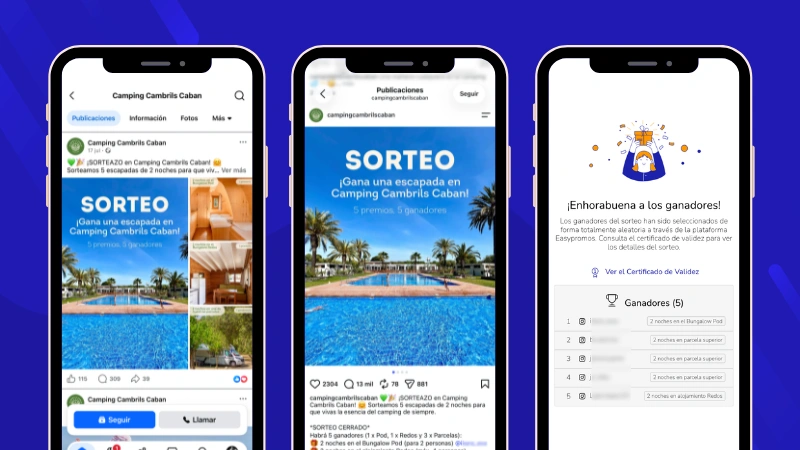 Ejemplo de sorteo conjunto en Instagram y Facebook con varios ganadores: Camping Cambrils Caban