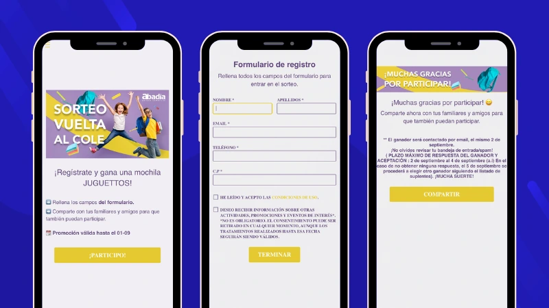 Abadía Parque Comercial Back-to-School giveaway microsite where participants register for a chance to win a school-themed prize package.