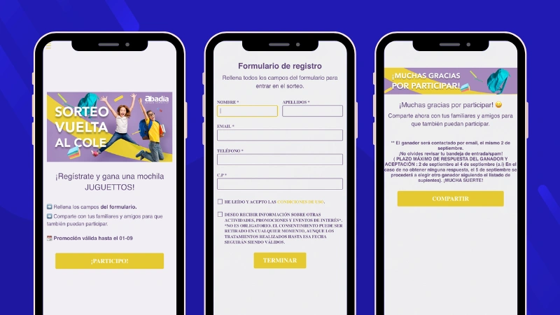 Ejemplo de promoción escolar con formulario de registro: Abadía Parque Comercial