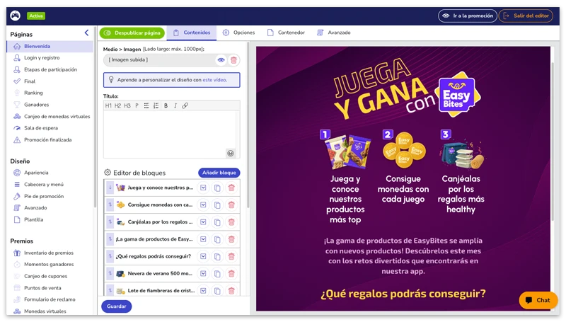 Bloques descriptivos para la página de bienvenida de la promoción