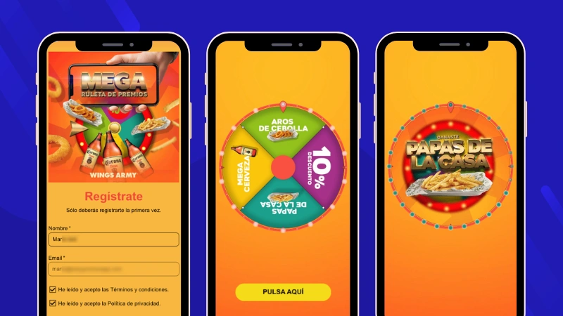 Ejemplo de ruleta de premios para un centro comercial. En este caso de restaurantes Wing's Army