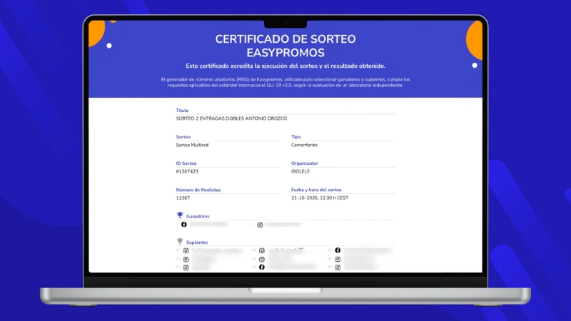 Ejemplo de certificado de validez de un sorteo de Instagram y Facebook a la vez