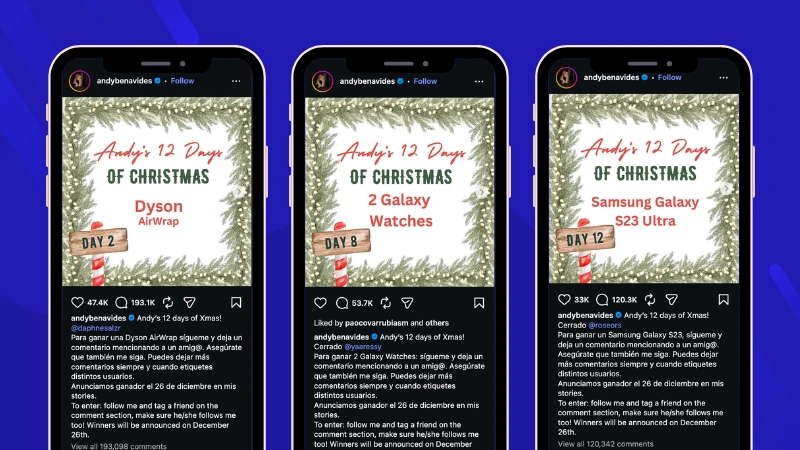 Example of Influencer Andy Benavides's 12 Days of Christmas Giveaway on Instagram