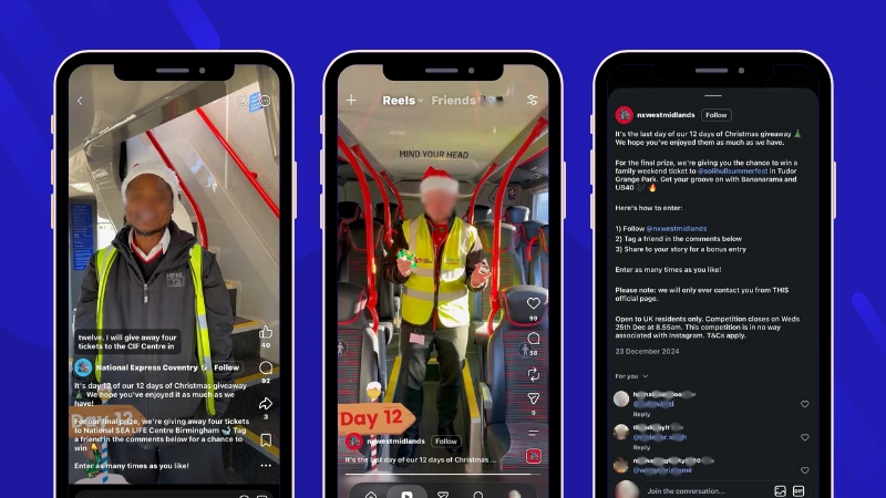 Example of UK public transportation company National Express' 12 Days of Christmas giveaways on both Facebook and Instagram.