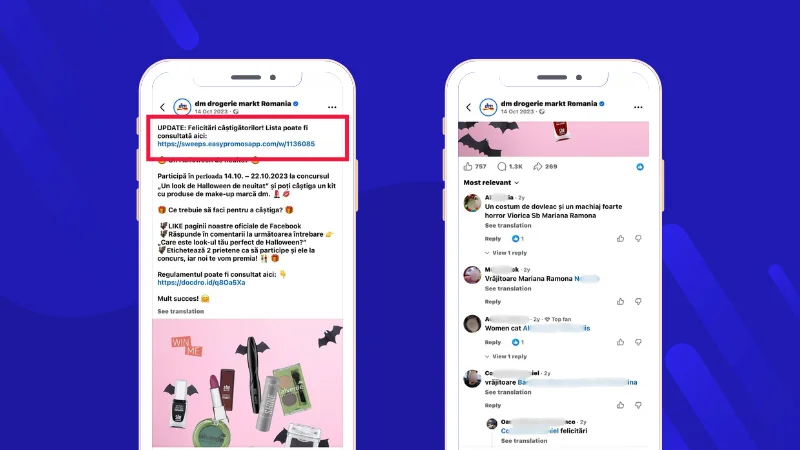 Example of dm drogerie markt Romania Facebook Halloween giveaway asking users to describe their ideal Halloween look with a link to the Winner's Page