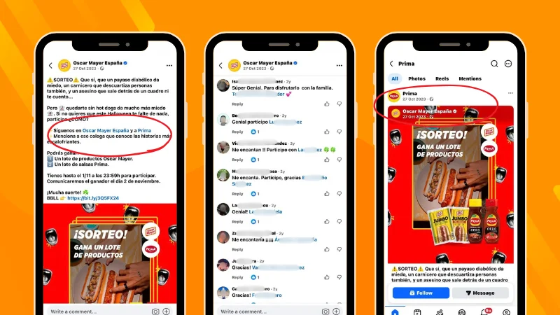 Example of Oscar Mayer España and Prima Facebook posts promoting a joint Halloween giveaway