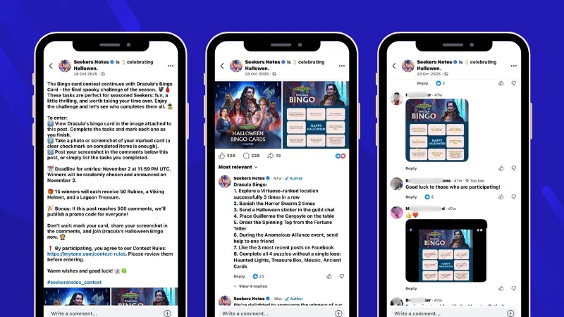 Example of Seekers Notes Facebook Halloween bingo giveaway asking players to complete tasks and comment with their results