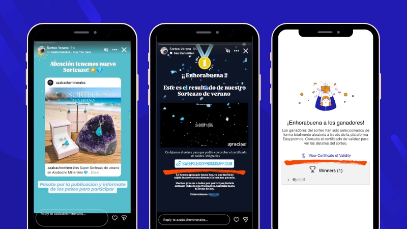 Azabache Minerales Instagram giveaway showing how brands can announce winners in Stories and share the Certificate of Validity link.