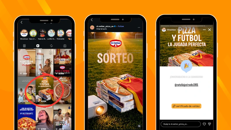 Instagram Giveaway post and winner announcement shared by Dr. Oetker España through Instagram Stories, including access to the Certificate of Validity verifying the giveaway results.