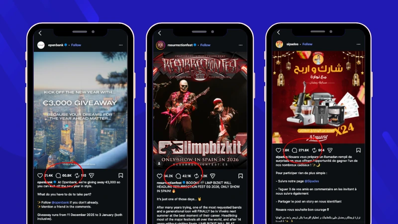 Examples of high-participation Instagram giveaways by Openbank, Resurrection Fest and Sipades, with thousands of comments imported for winner selection.