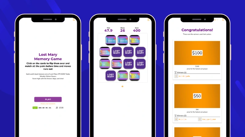 Lost Mary Memory game promoting MT15000 Turbo Weekly Edition flavors, showing the welcome screen, card-matching challenge with product flavor images, and public leaderboard with participant rankings.