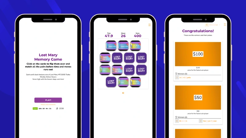 Lost Mary Memory game promoting MT15000 Turbo Weekly Edition flavors, showing the welcome screen, card-matching challenge with product flavor images, and public leaderboard with participant rankings.