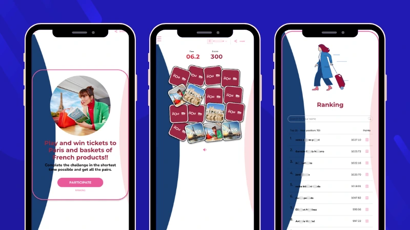 TGV INOUI and SNCF Voyageurs Memory game campaign featuring Paris destinations, with welcome page, gameplay screen, and leaderboard showing participant scores.
