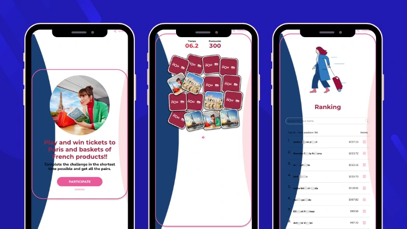 TGV INOUI and SNCF Voyageurs Memory game campaign featuring Paris destinations, with welcome page, gameplay screen, and leaderboard showing participant scores.