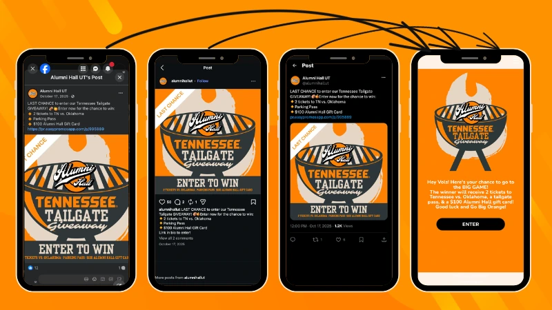 Giveaway landing page and social media posts from the Alumni Hall giveaway campaign, where all promotional channels directed participants to the same registration page.