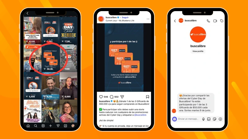 Buscalibre Instagram giveaway encouraging users to mention the brand in an Instagram Story, alongside the automated DM using Instagram Messaging Automations by Easypromos.