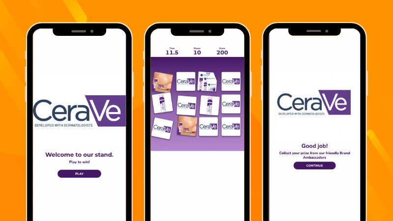 CeraVe Memory game campaign with welcome screen, product-matching challenge, and final leaderboard showing participant scores.