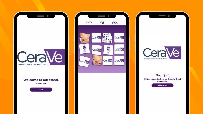 CeraVe Memory game campaign with welcome screen, product-matching challenge, and final leaderboard showing participant scores.