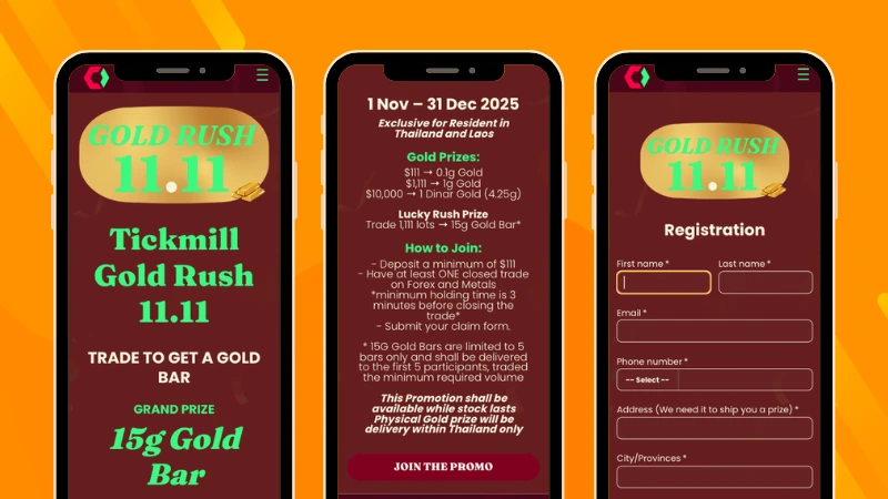 Example of Tickmill Gold Rush 11.11 promotion using Entry Form Giveaway by Easypromos