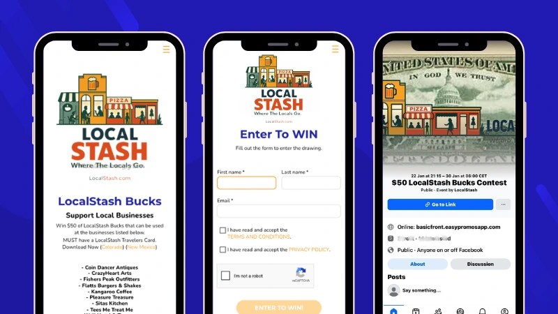 LocalStash.com giveaway showing the welcome page, registration form, and Facebook post promoting the giveaway