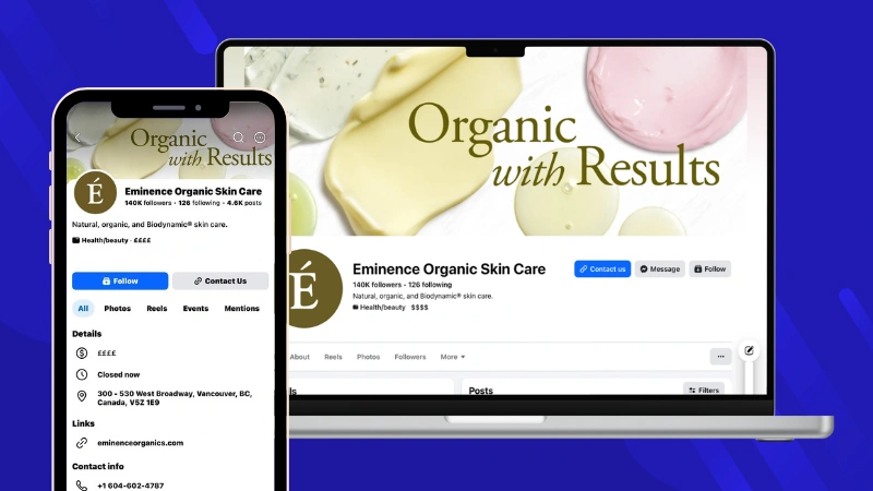 Eminence Organic Skin Care Facebook Page showing the brand logo and cover image on desktop and mobile