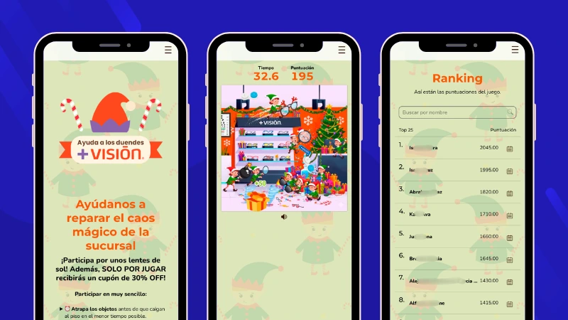 Example of +Vision Christmas Falling Objects game with participant ranking