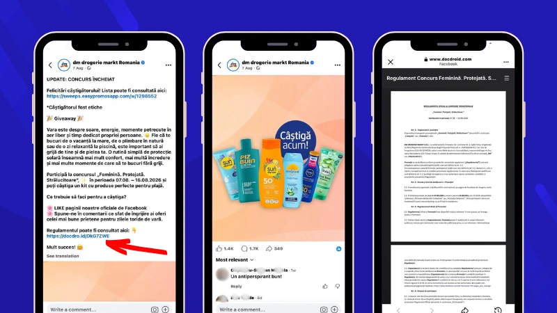 dm drogerie markt Romania Facebook Giveaway post showing the prize, participation instructions, entry period, and terms and conditions