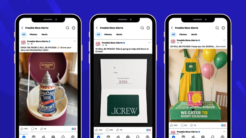 Three Facebook Giveaways by Freebie Mom Alerts showing different prizes and comment-based participation posts