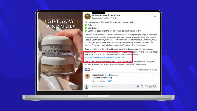 Example of a Facebook Giveaway with Terms and Conditions URL included in the post