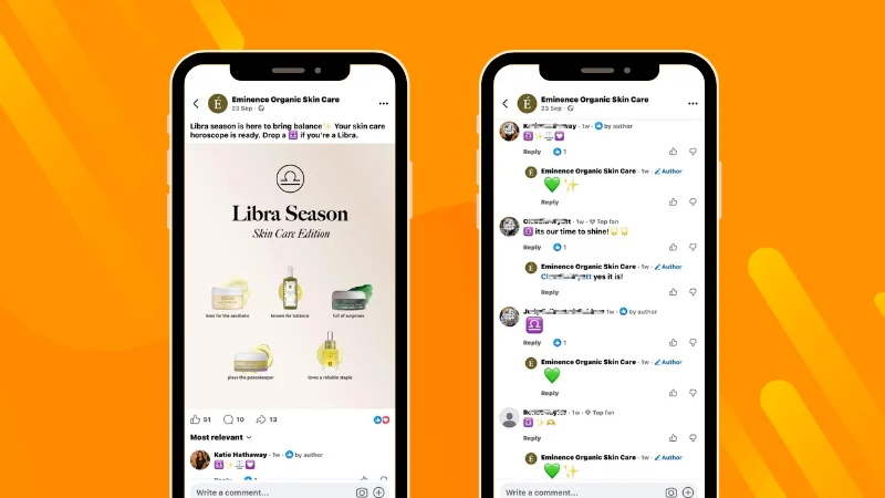 Example of Eminence Organic Skin Care Facebook post with interactions and comments and the brand joining the conversation
