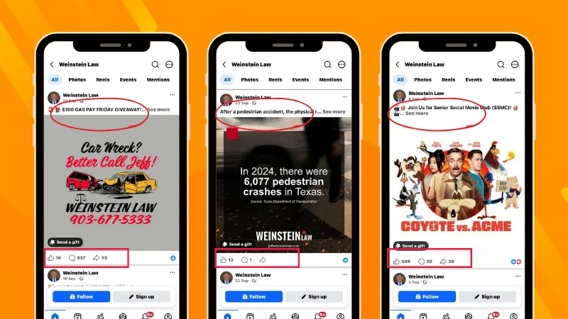Example of Weinstein Law Facebook posts comparing interactions on different types of posts including giveaway post, educational post and community invitation post.