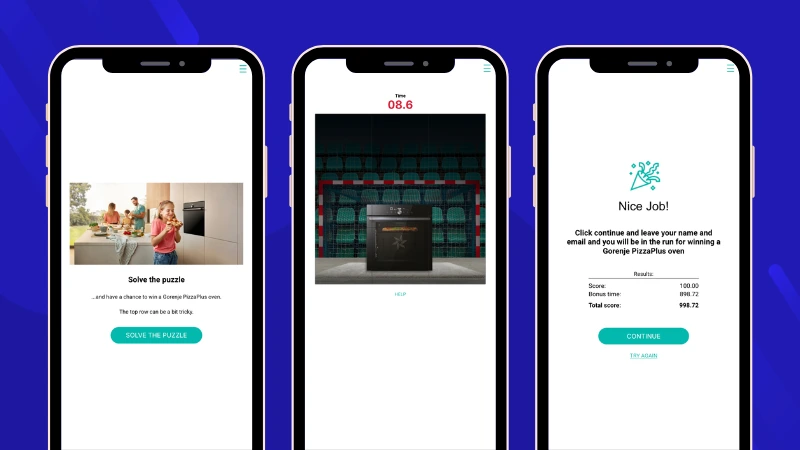 Welcome page, Puzzle game, and completion page from the Gorenje PizzaPlus oven promotion, where participants completed a branded Puzzle for a chance to win the featured product.