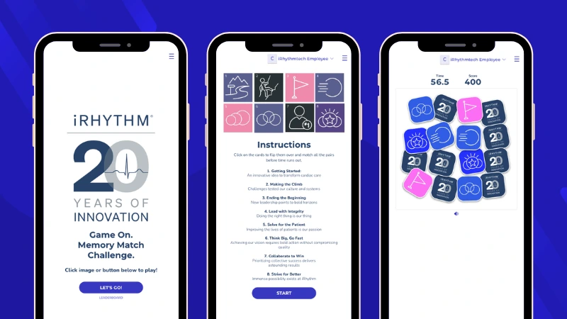 iRhythm employee Memory game featuring company milestones, values, and innovation themes as part of an internal 20 Years of Innovation campaign.