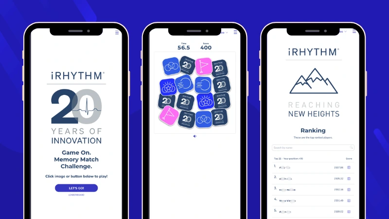 iRhythm employee Memory game featuring company milestones, values, and innovation themes as part of an internal 20 Years of Innovation campaign.