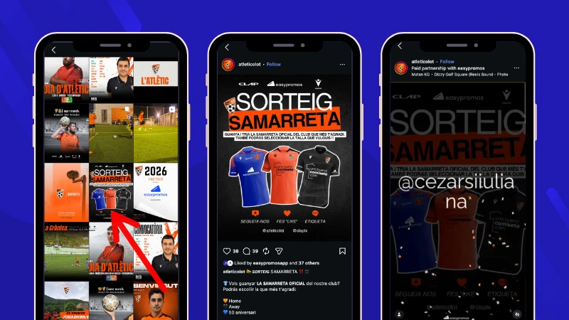 Athletic Olot Instagram Giveaway post and Story showing the live winner selection process and public announcement of the giveaway results.