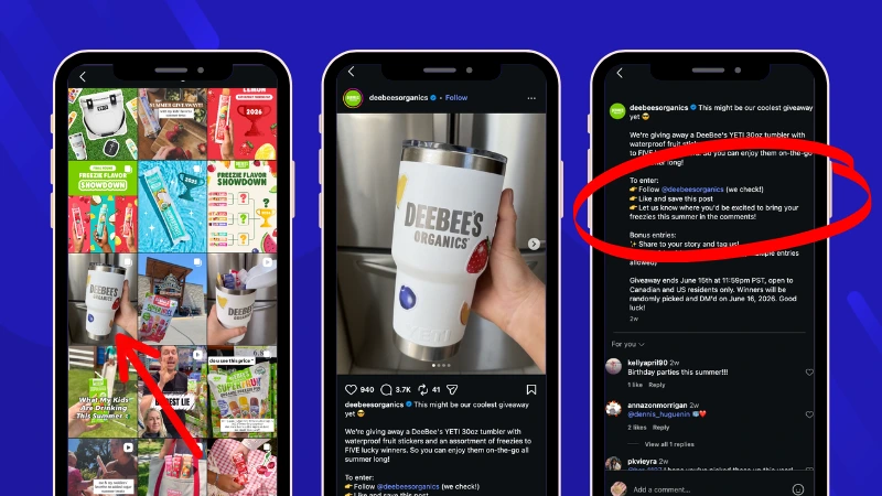 Instagram Giveaway post from DeeBee's Organics encouraging participation through comments, Story shares, and friend tags.
