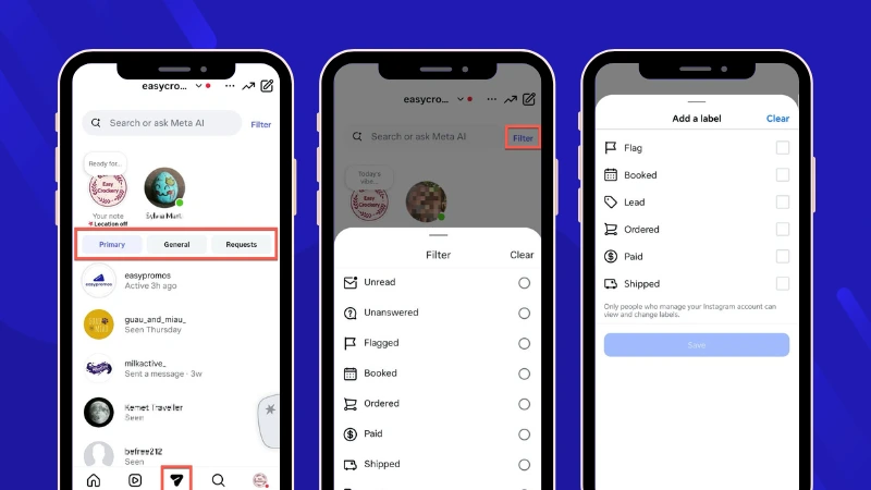 Instagram business inbox with Primary, General, and Requests tabs
