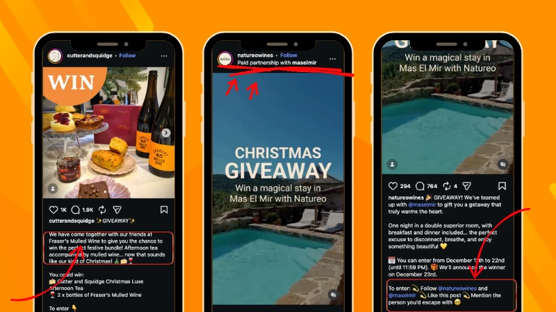 Christmas Instagram Giveaways featuring brand partnerships between Natureo and Mas El Mir, and Cutter & Squidge and Fraser's Mulled Wine