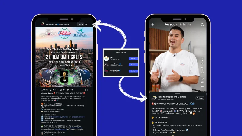 Instagram Collabs giveaway by Aloha Card Shop, APFCU, and creator Kamaka Dias for a World Cup prize package valued at more than $10,000.