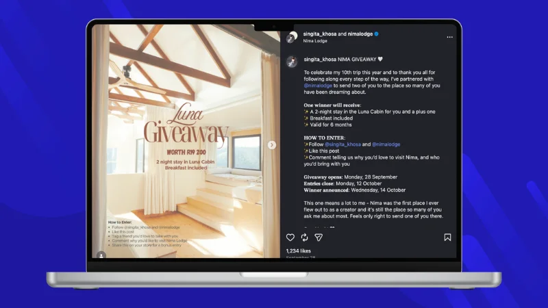Instagram giveaway by travel creator Singita Khosa and Nima Lodge offering a two-night stay for two.
