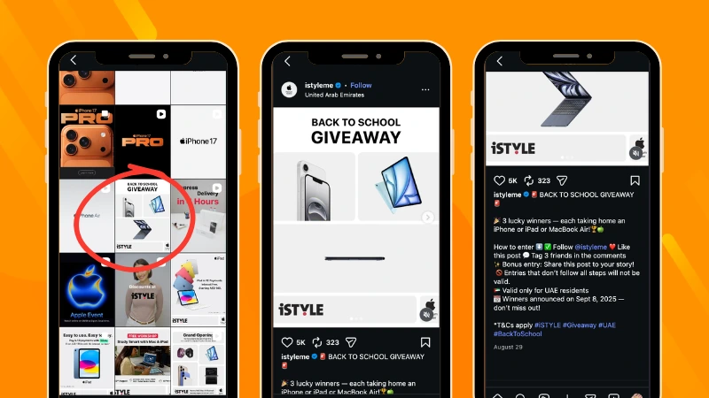 iSTYLE Back-to-School Instagram Giveaway offering participants the chance to win an iPhone, iPad, or MacBook Air by following the brand, liking the post, and tagging friends.